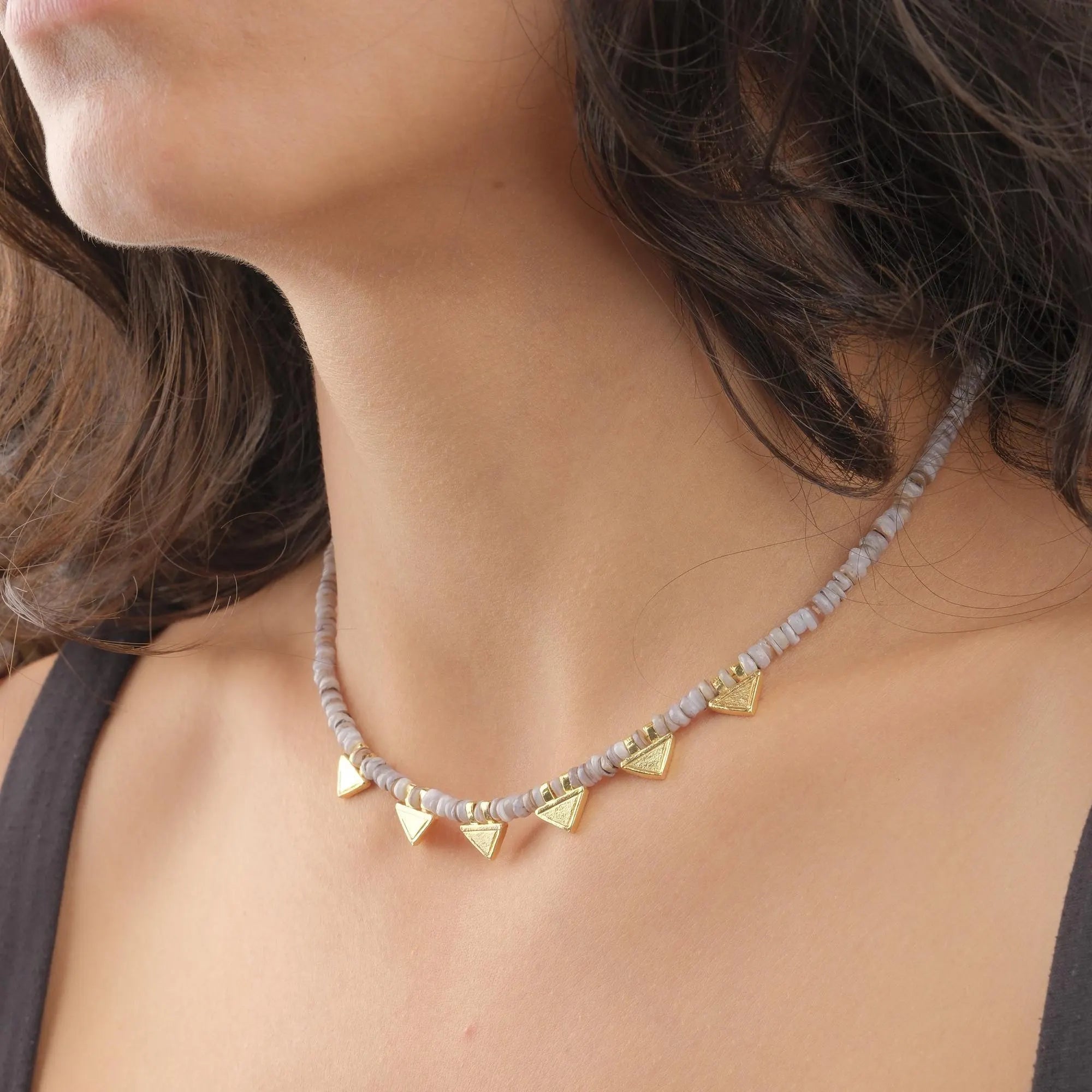 Agate Necklace with Triangle Gold Plates