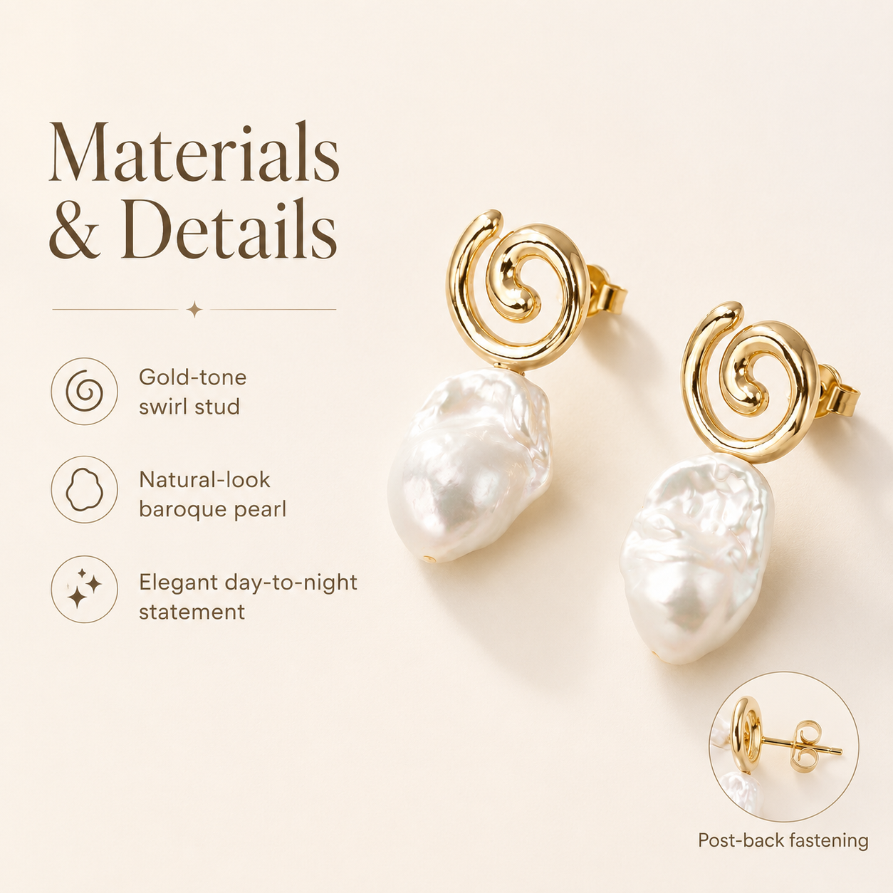 Spiral Gold & Baroque Pearl Stud Earrings