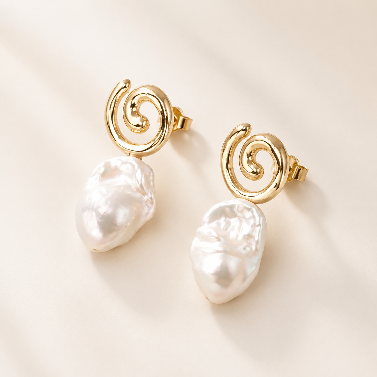 Spiral Gold & Baroque Pearl Stud Earrings