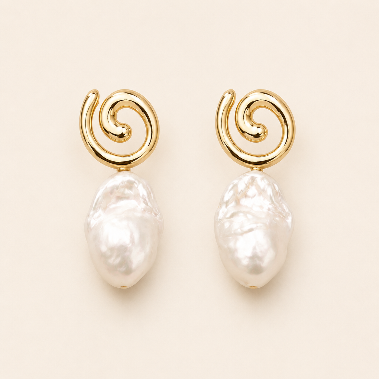 Spiral Gold & Baroque Pearl Stud Earrings