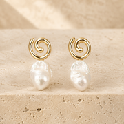 Spiral Gold & Baroque Pearl Stud Earrings