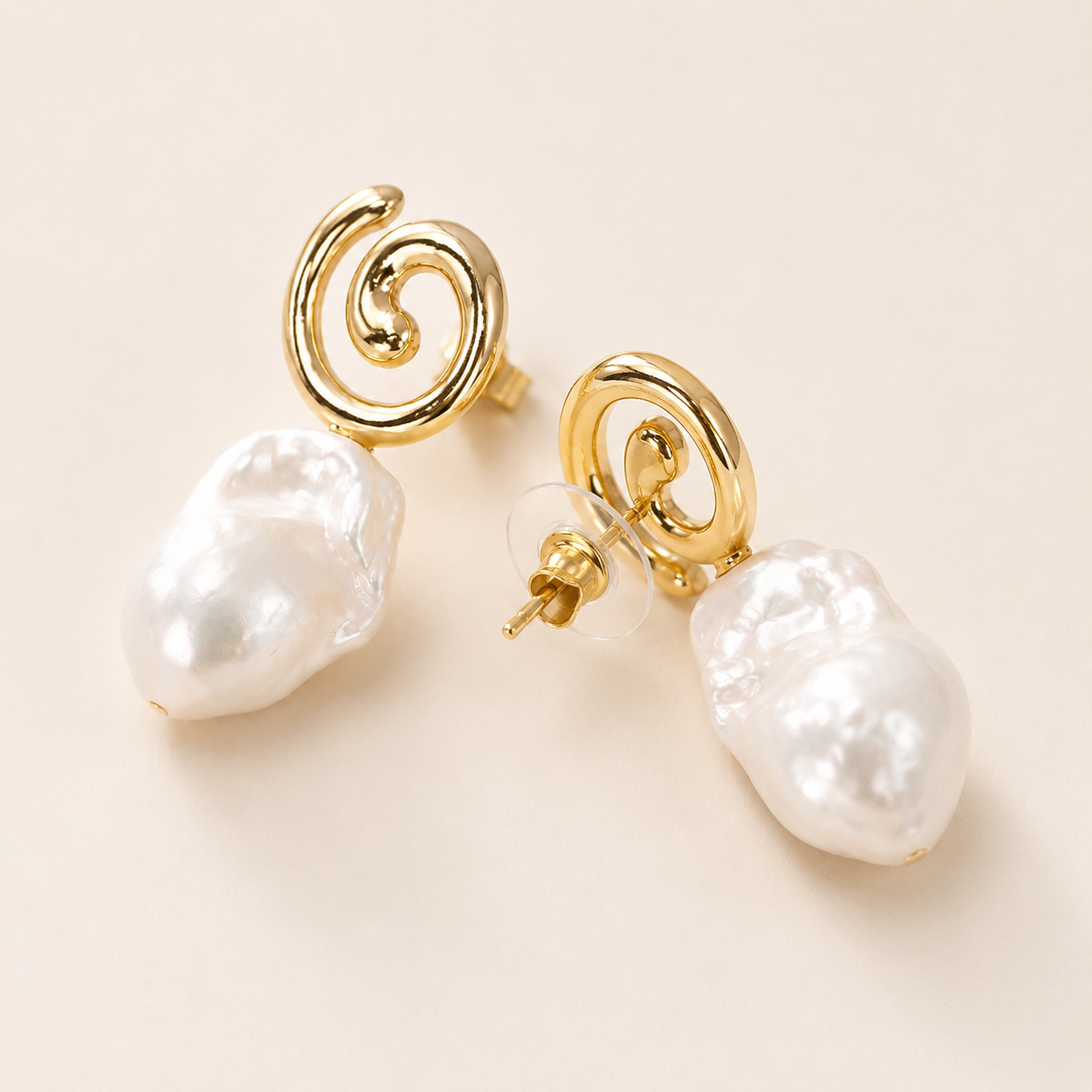 Spiral Gold & Baroque Pearl Stud Earrings