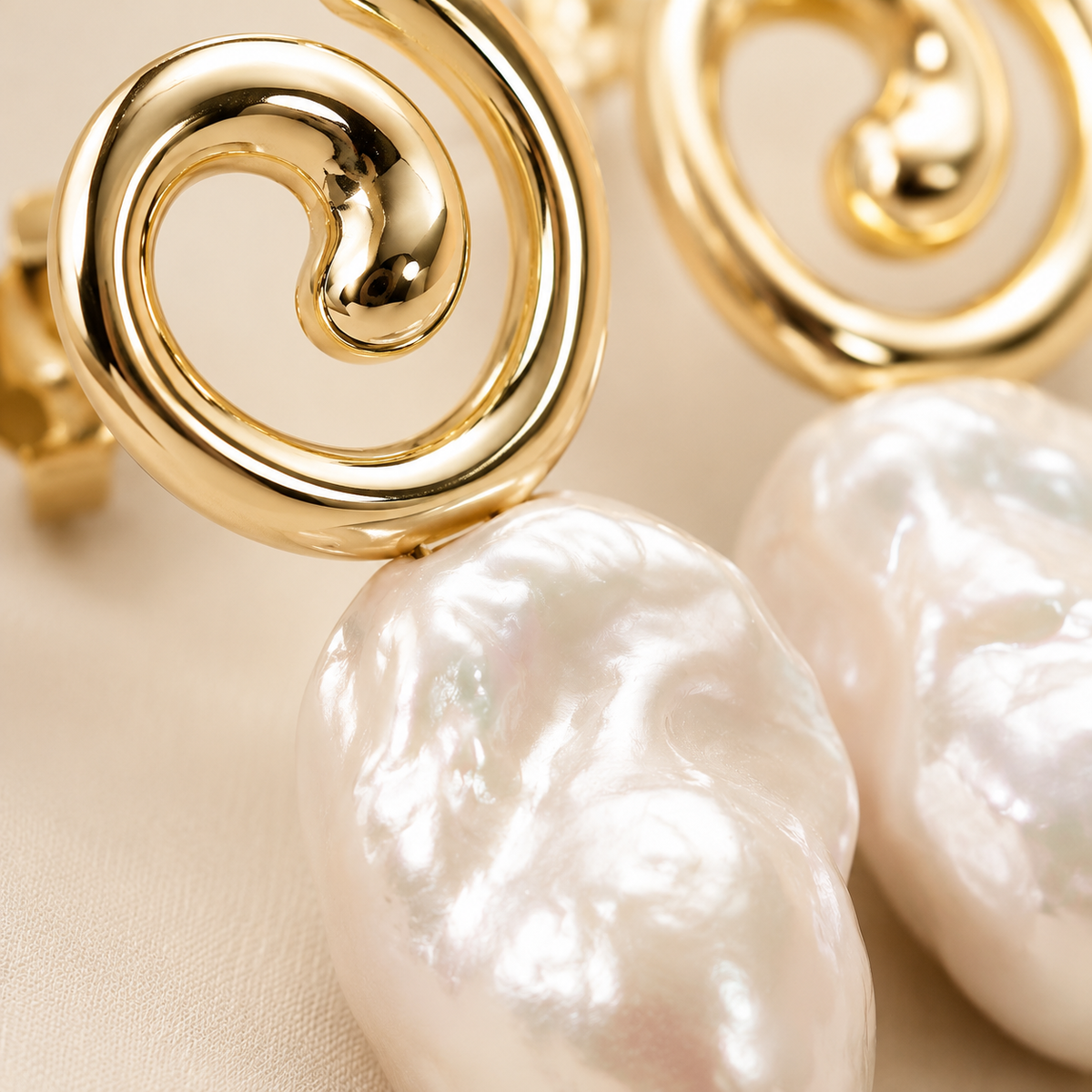 Spiral Gold & Baroque Pearl Stud Earrings