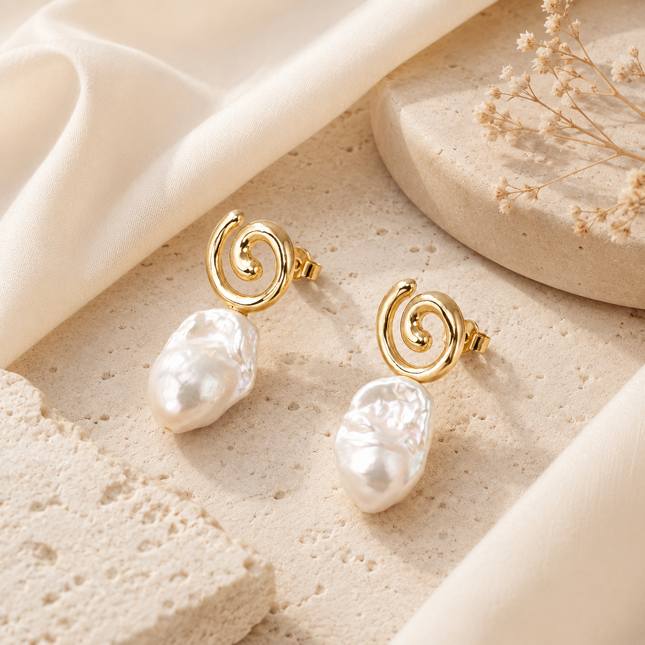 Spiral Gold & Baroque Pearl Stud Earrings