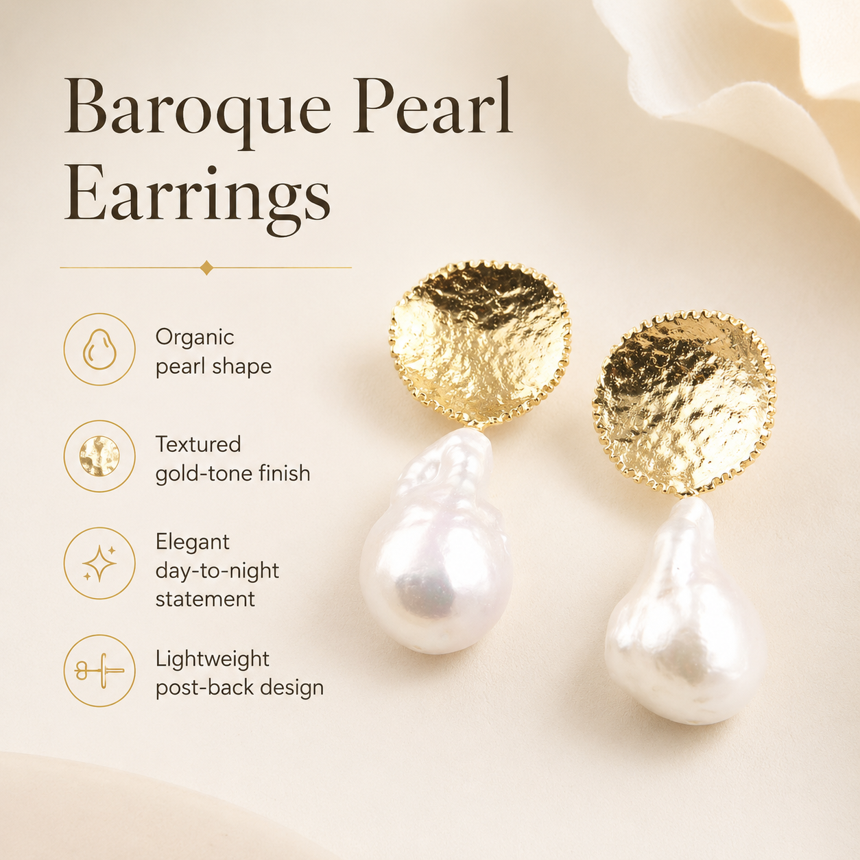Gold Plated Baroque Pearl Earrings