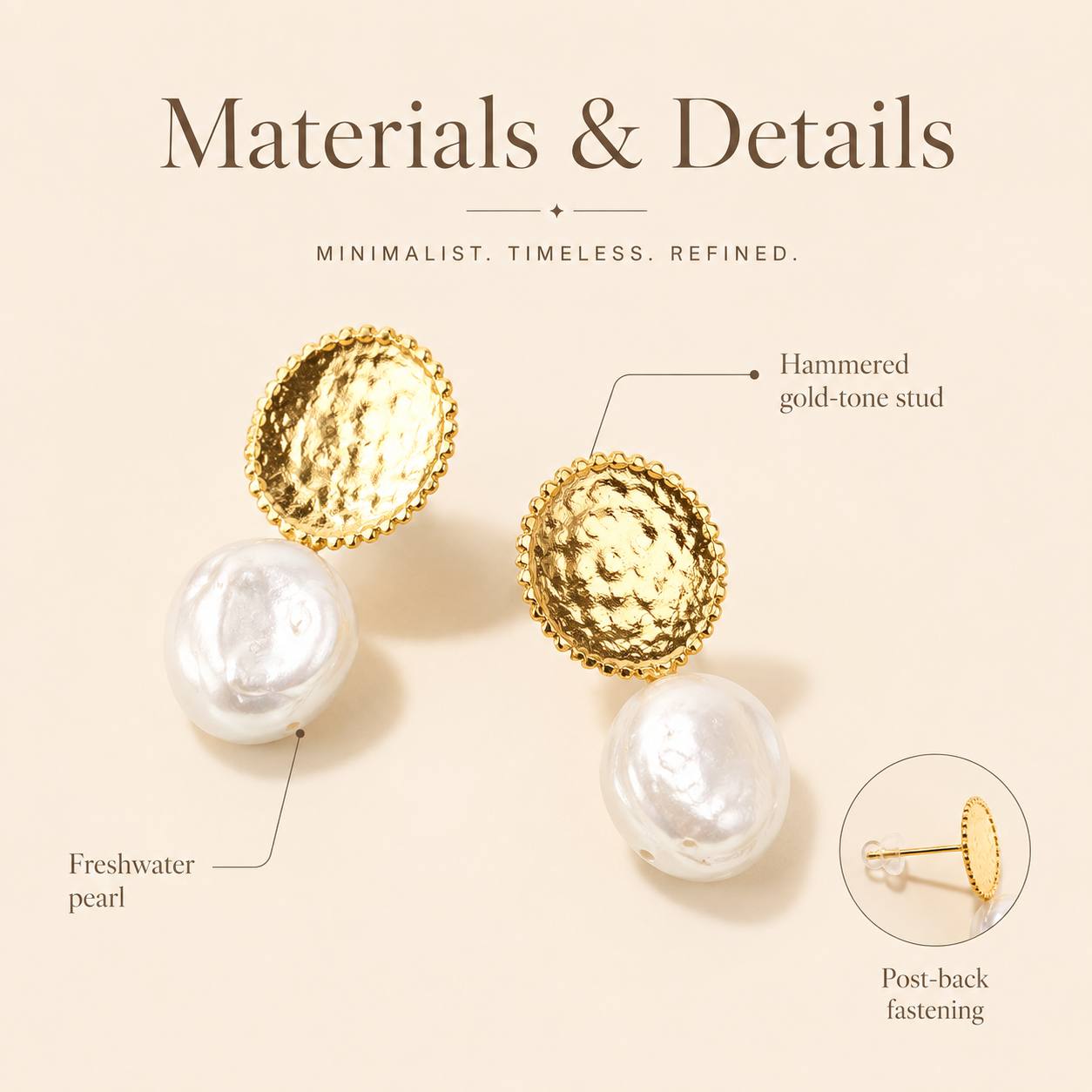 Hammered Gold Freshwater Pearl Stud Earrings