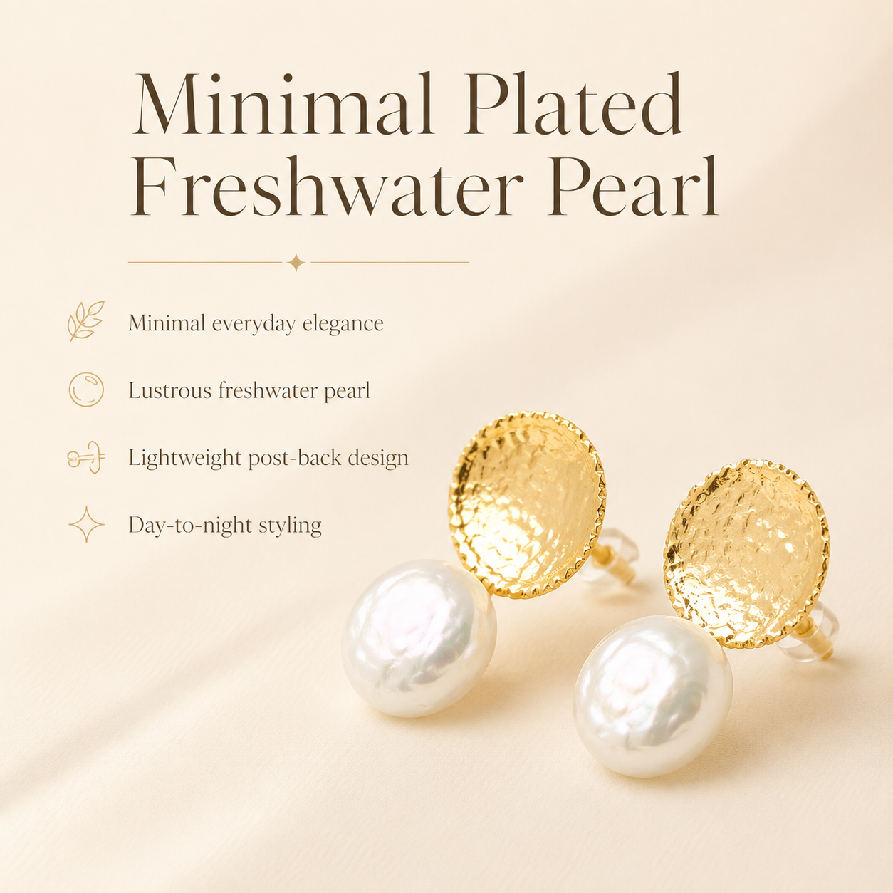 Hammered Gold Freshwater Pearl Stud Earrings