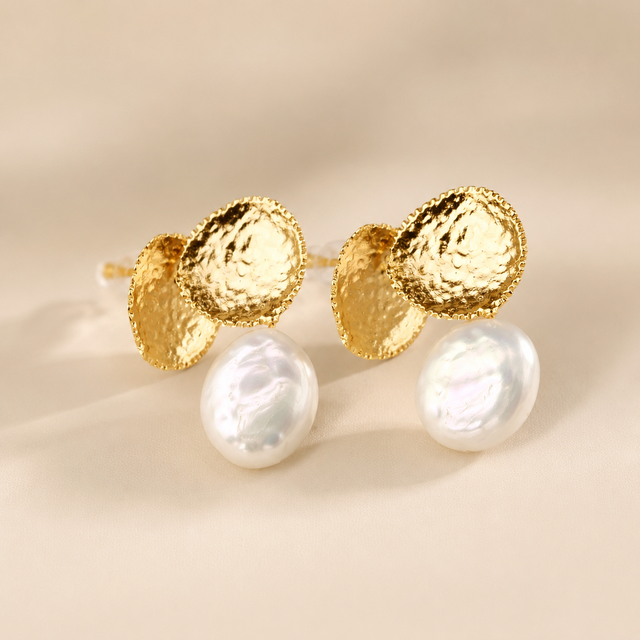 Hammered Gold Freshwater Pearl Stud Earrings