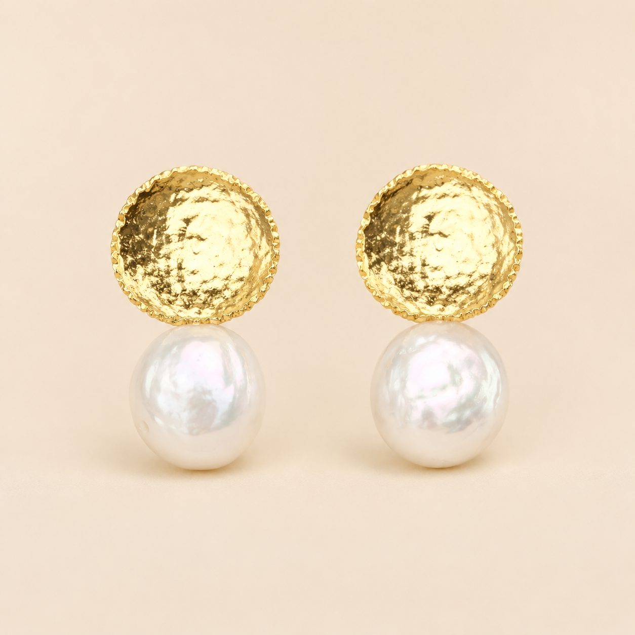 Hammered Gold Freshwater Pearl Stud Earrings