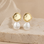 Hammered Gold Freshwater Pearl Stud Earrings