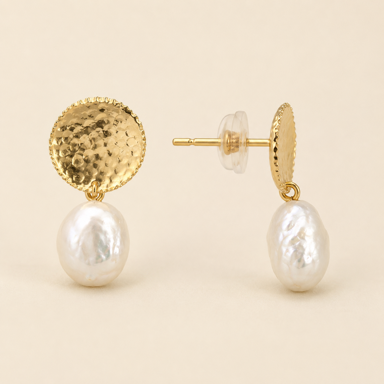 Hammered Gold Freshwater Pearl Stud Earrings