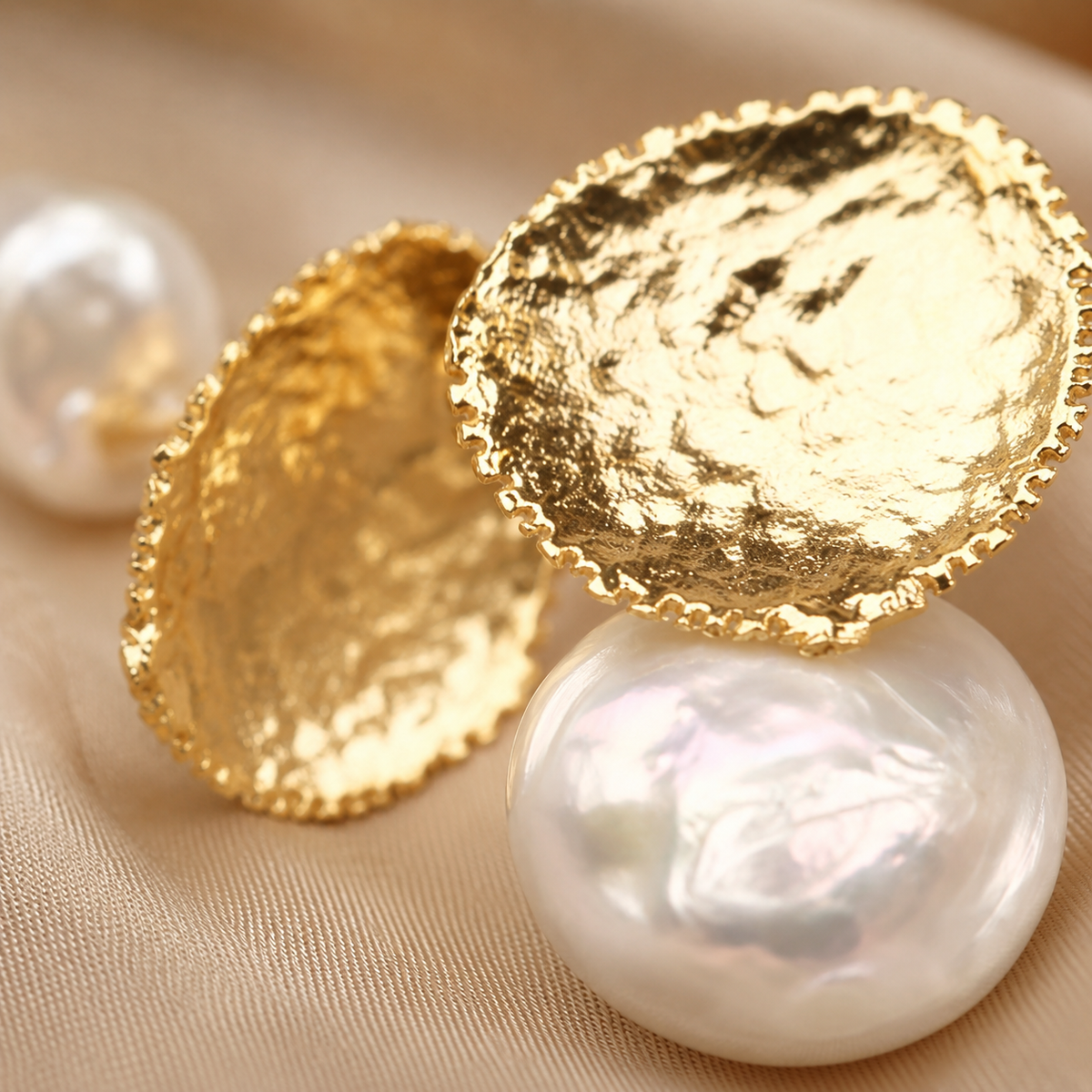Hammered Gold Freshwater Pearl Stud Earrings