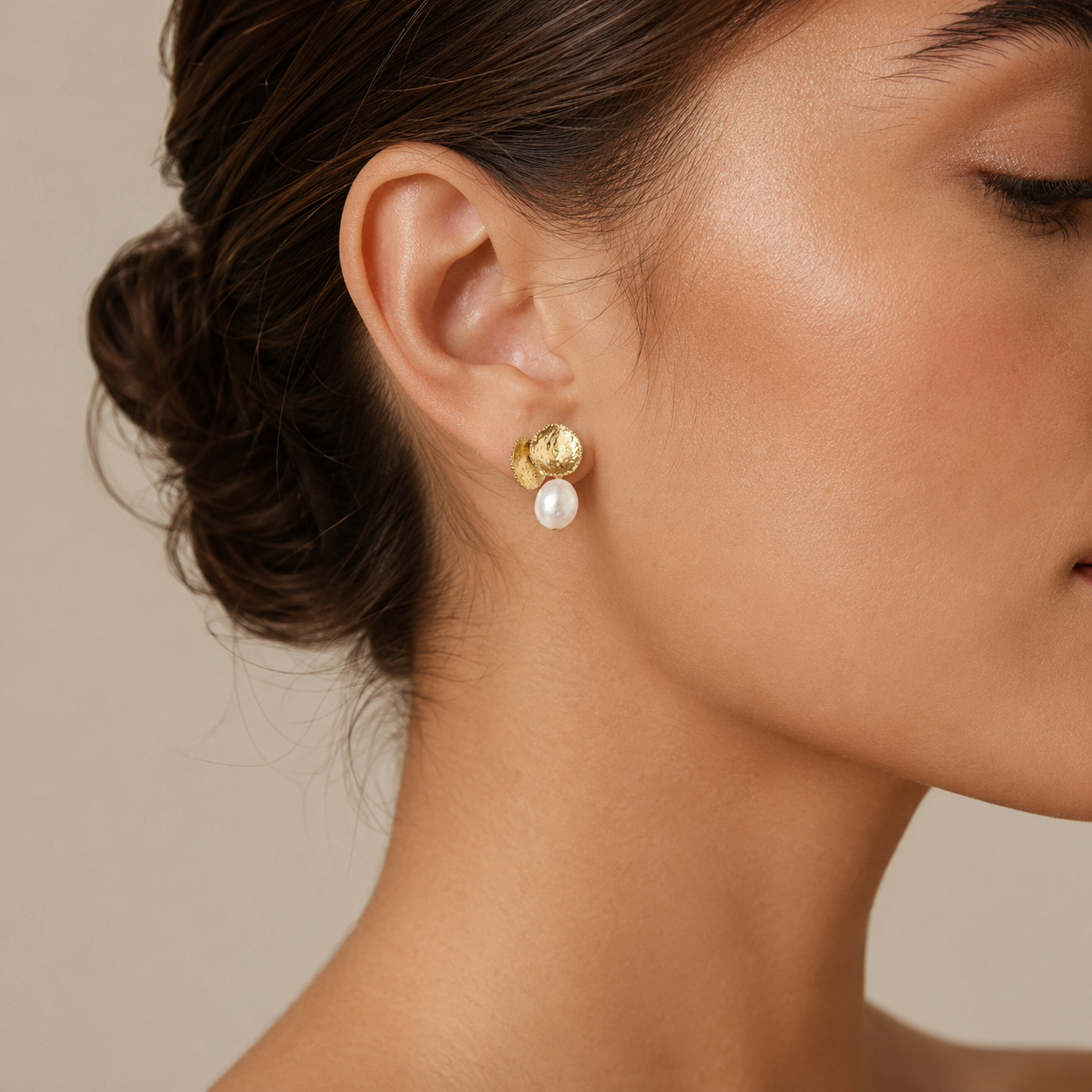 Hammered Gold Freshwater Pearl Stud Earrings