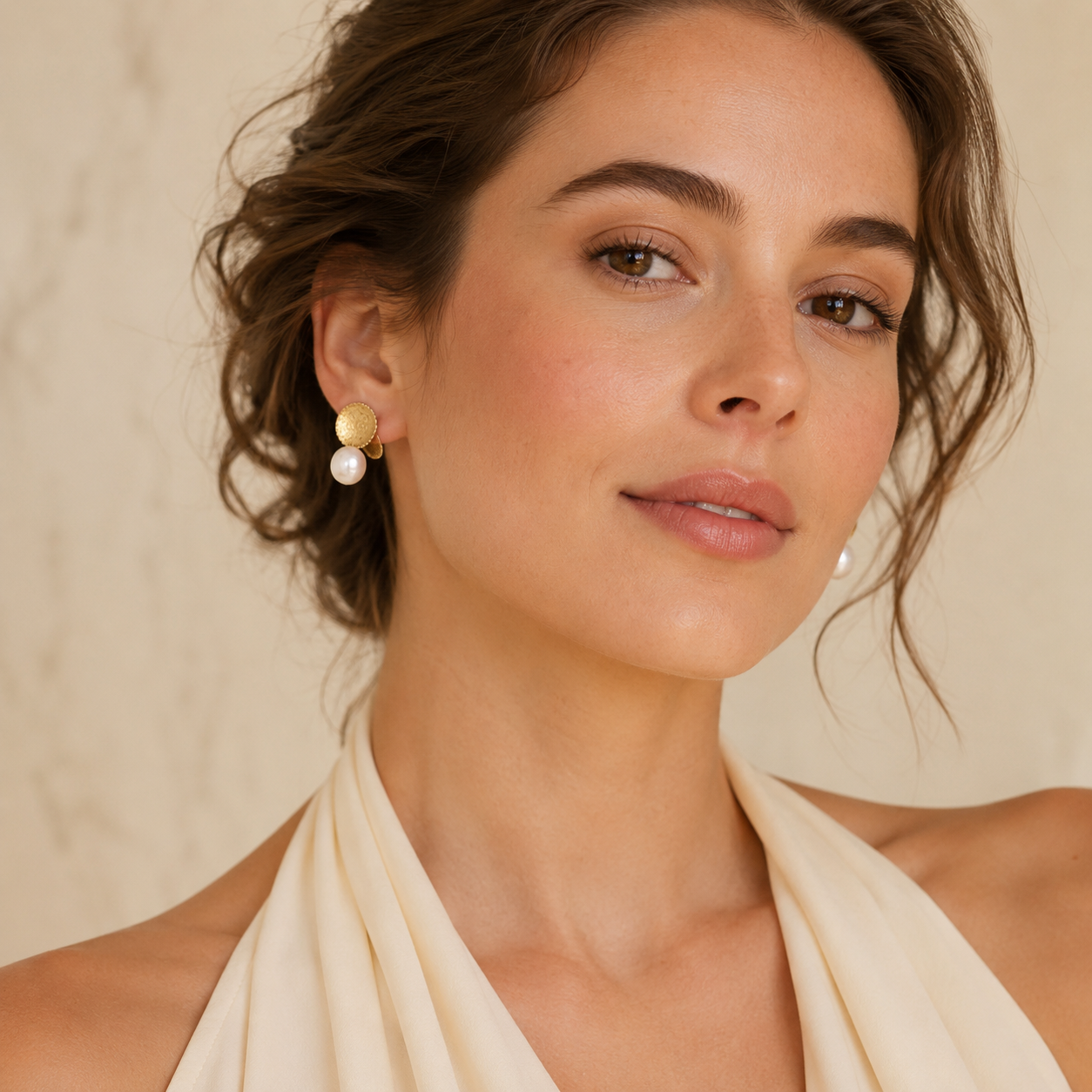 Hammered Gold Freshwater Pearl Stud Earrings
