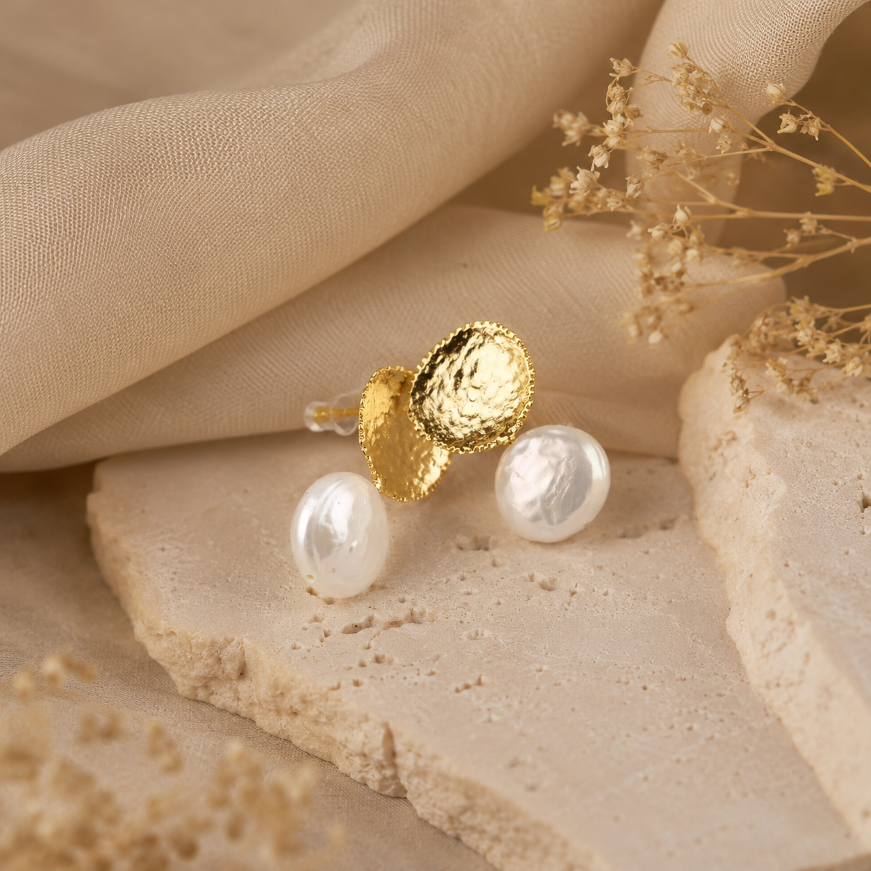 Hammered Gold Freshwater Pearl Stud Earrings