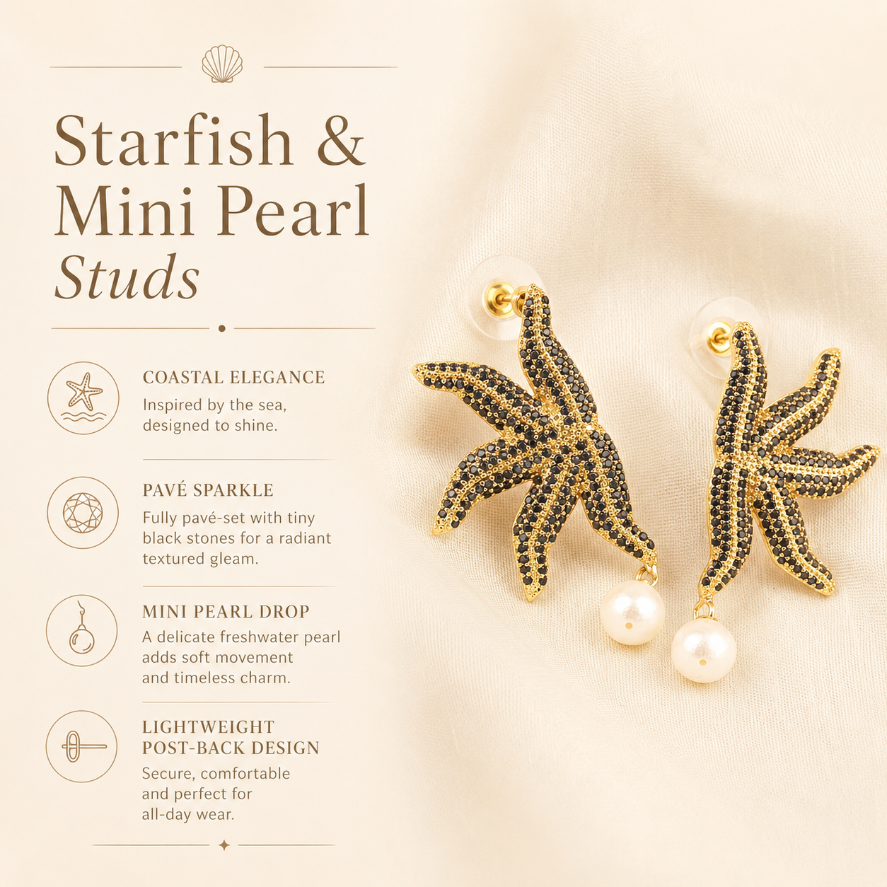 Black Pavé Gold Starfish Pearl Drop Earrings