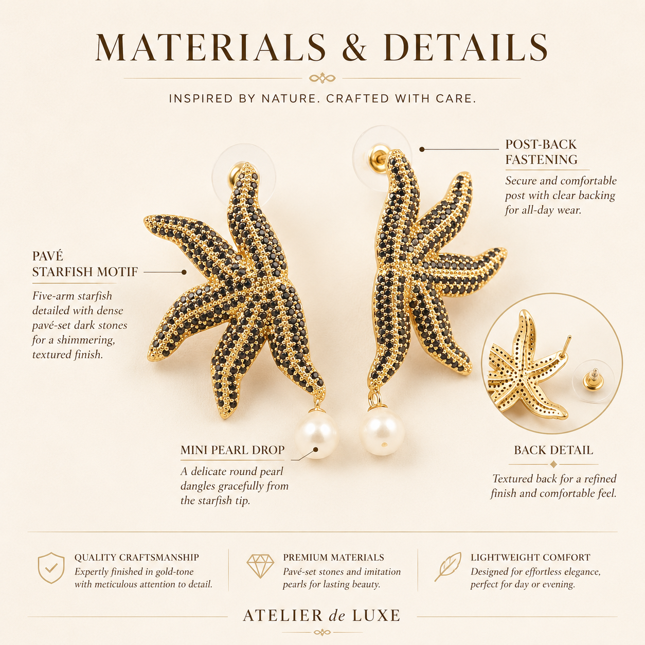 Black Pavé Gold Starfish Pearl Drop Earrings
