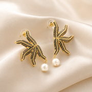 Black Pavé Gold Starfish Pearl Drop Earrings