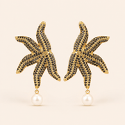 Black Pavé Gold Starfish Pearl Drop Earrings