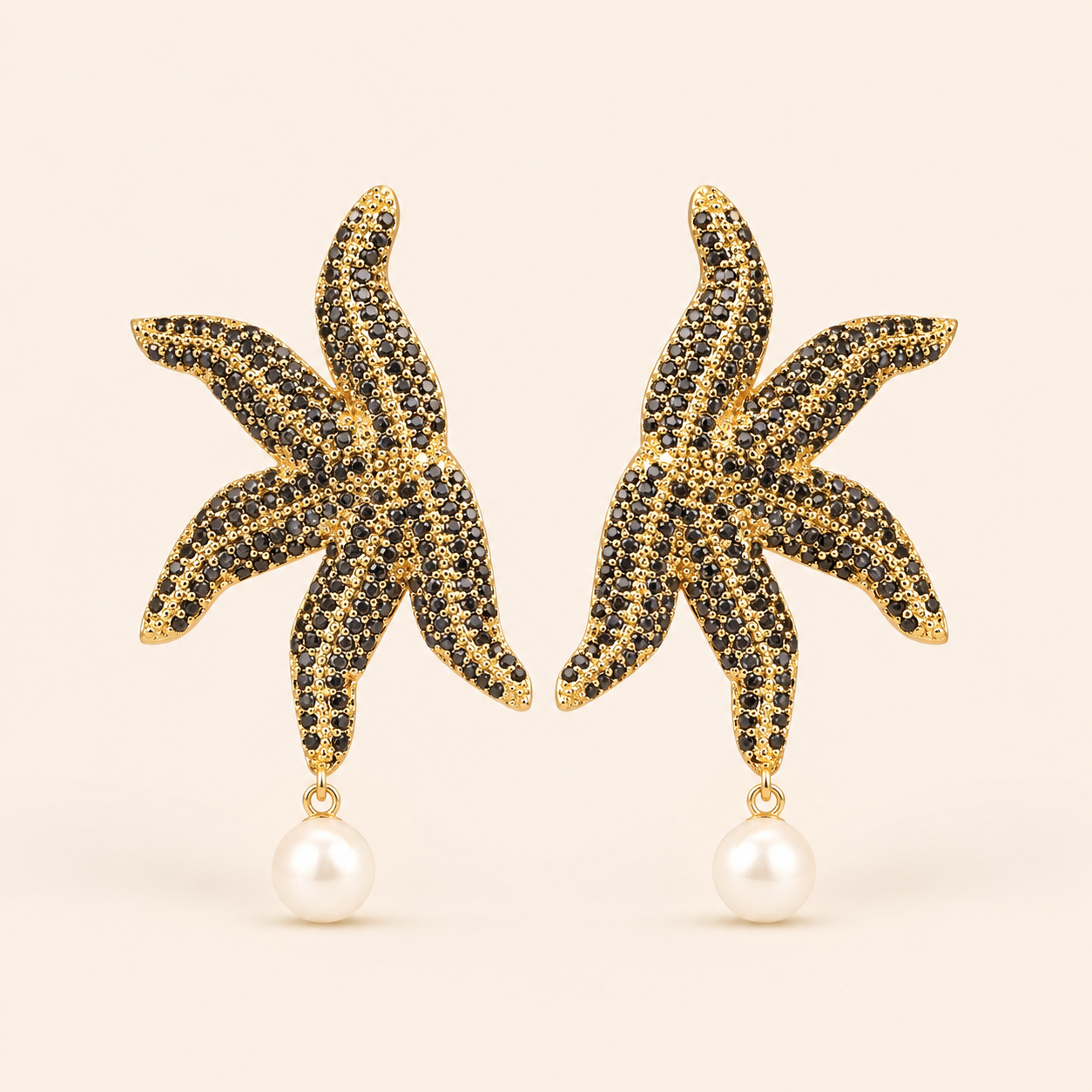 Black Pavé Gold Starfish Pearl Drop Earrings