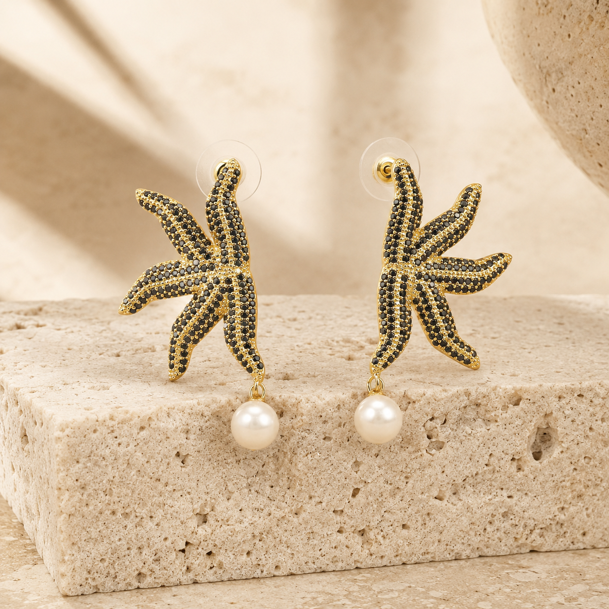 Black Pavé Gold Starfish Pearl Drop Earrings