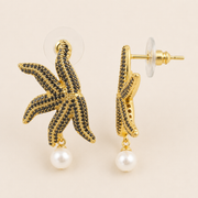 Black Pavé Gold Starfish Pearl Drop Earrings