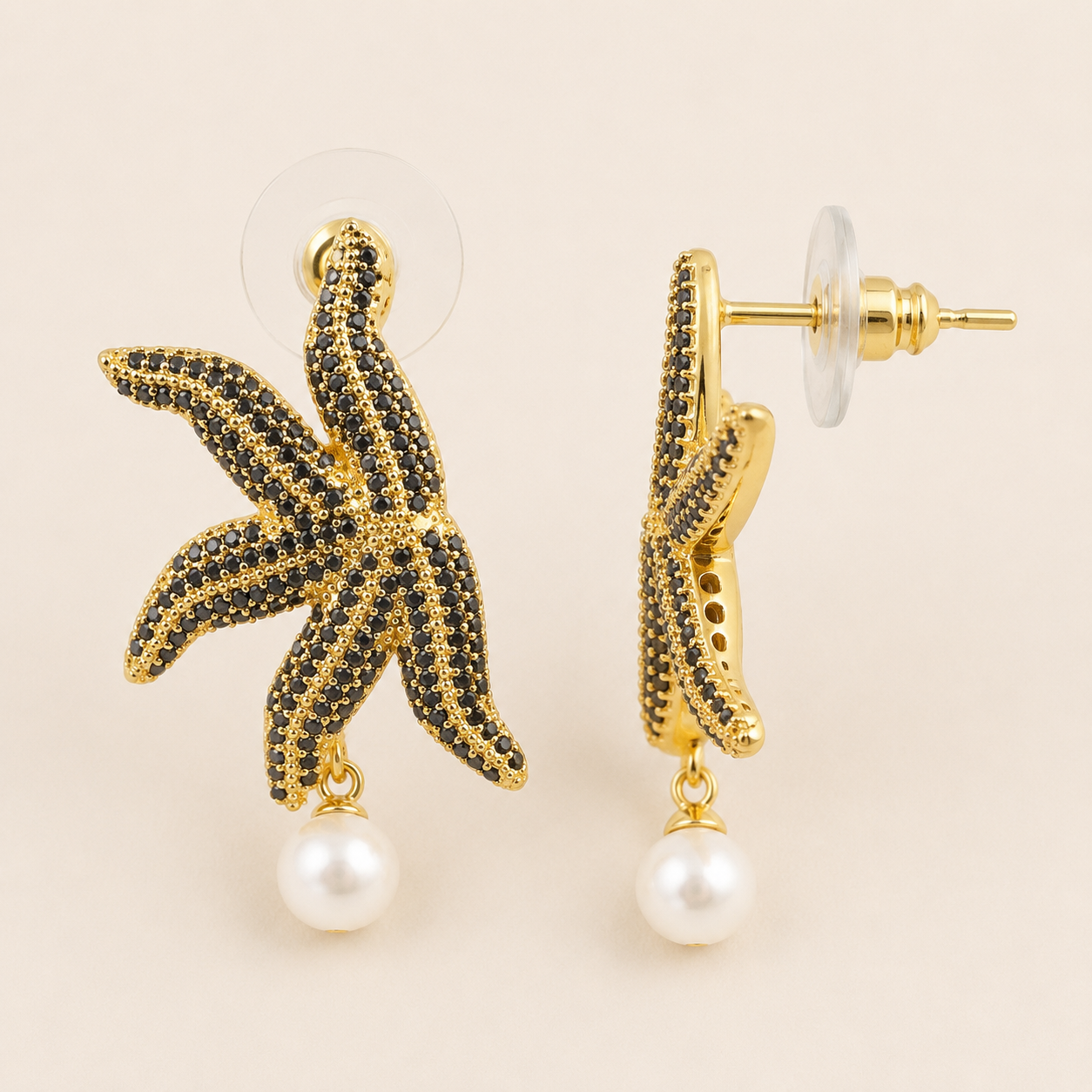 Black Pavé Gold Starfish Pearl Drop Earrings
