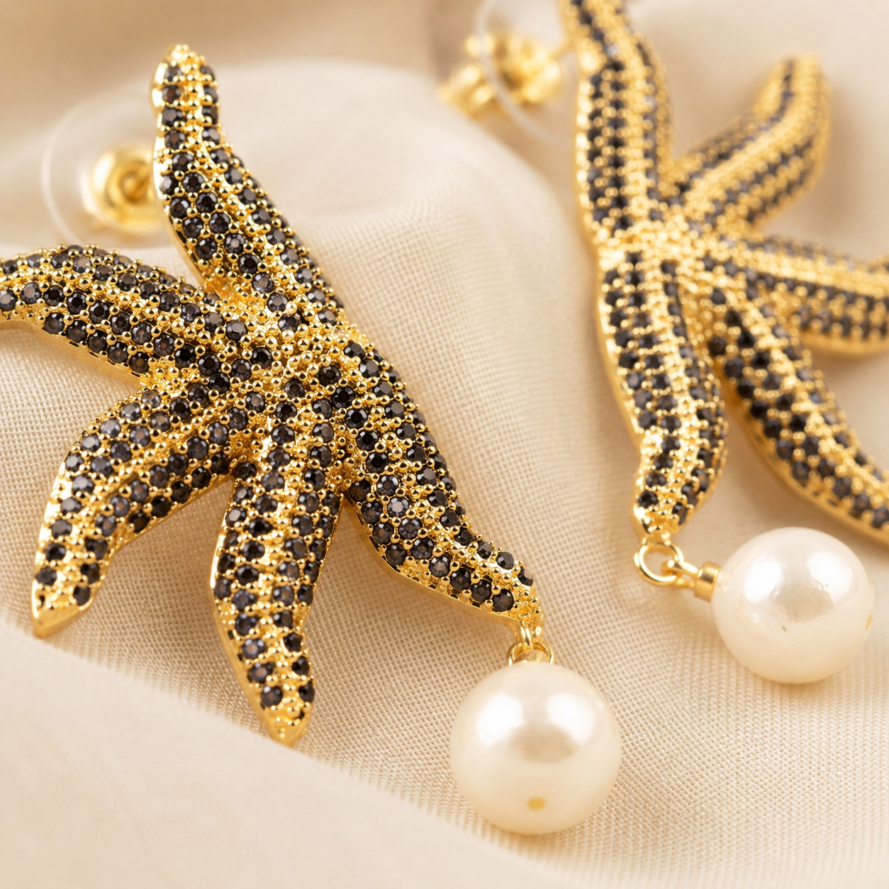 Black Pavé Gold Starfish Pearl Drop Earrings