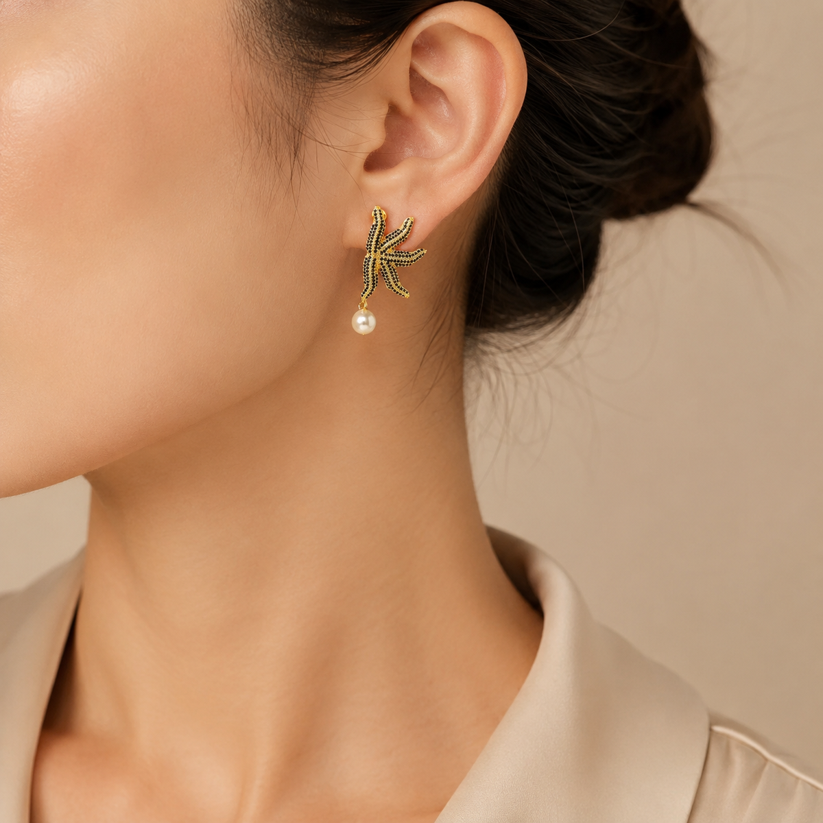 Black Pavé Gold Starfish Pearl Drop Earrings