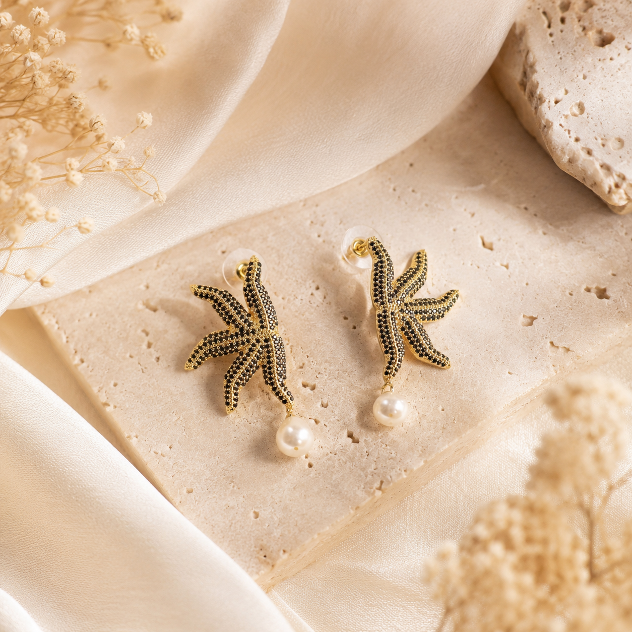 Black Pavé Gold Starfish Pearl Drop Earrings
