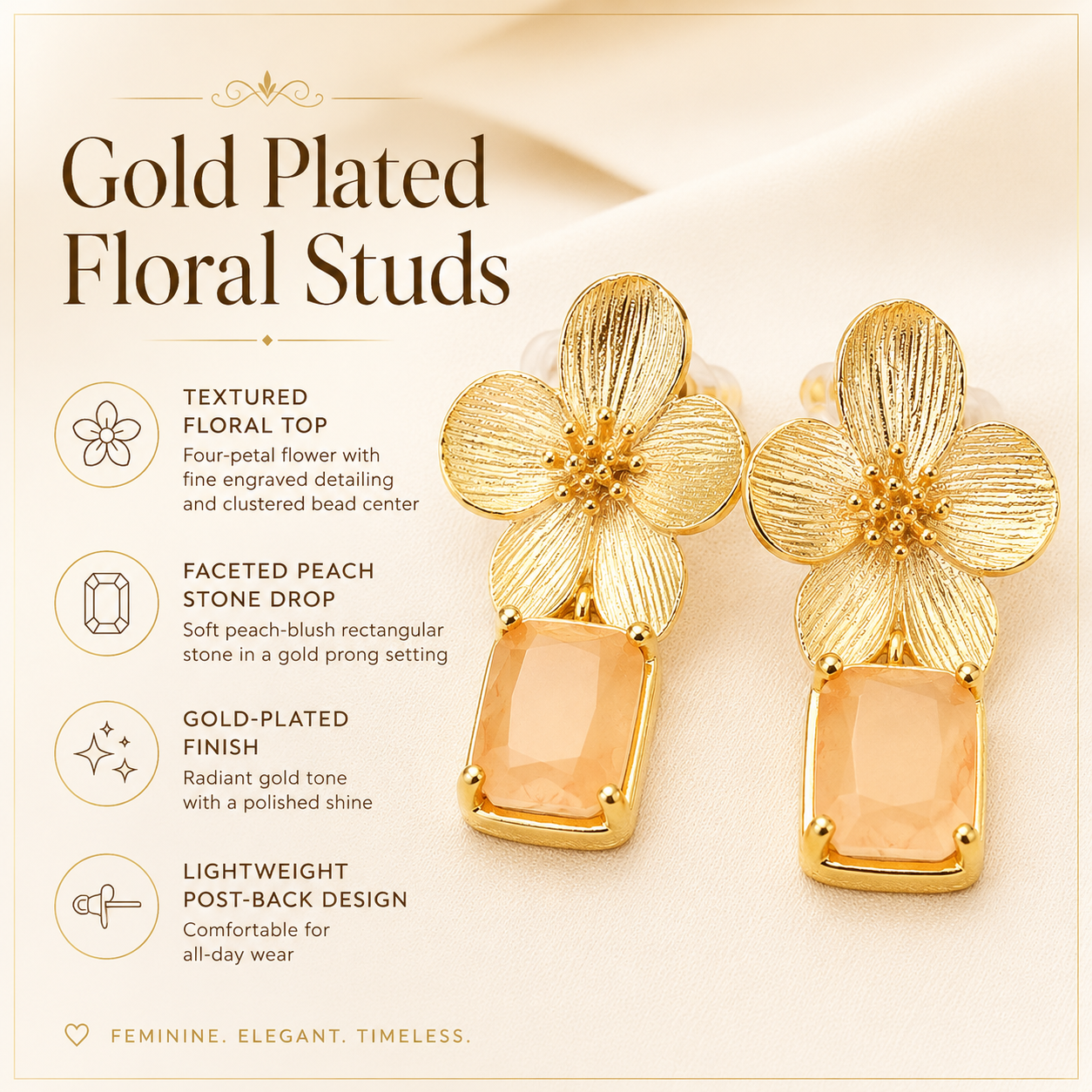 Gold Floral Peach Stone Drop Earrings