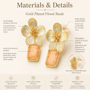 Gold Floral Peach Stone Drop Earrings