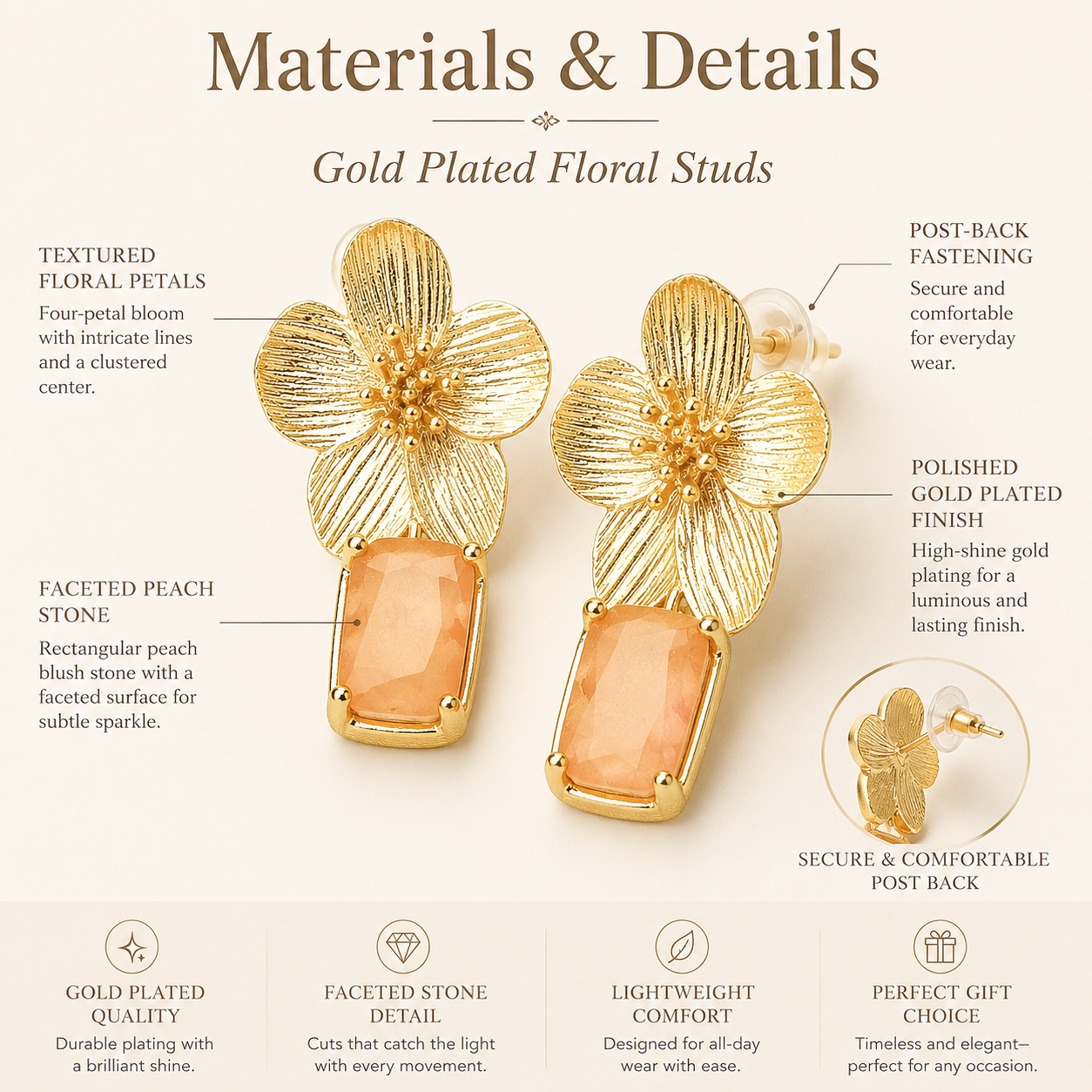 Gold Floral Peach Stone Drop Earrings