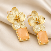 Gold Floral Peach Stone Drop Earrings