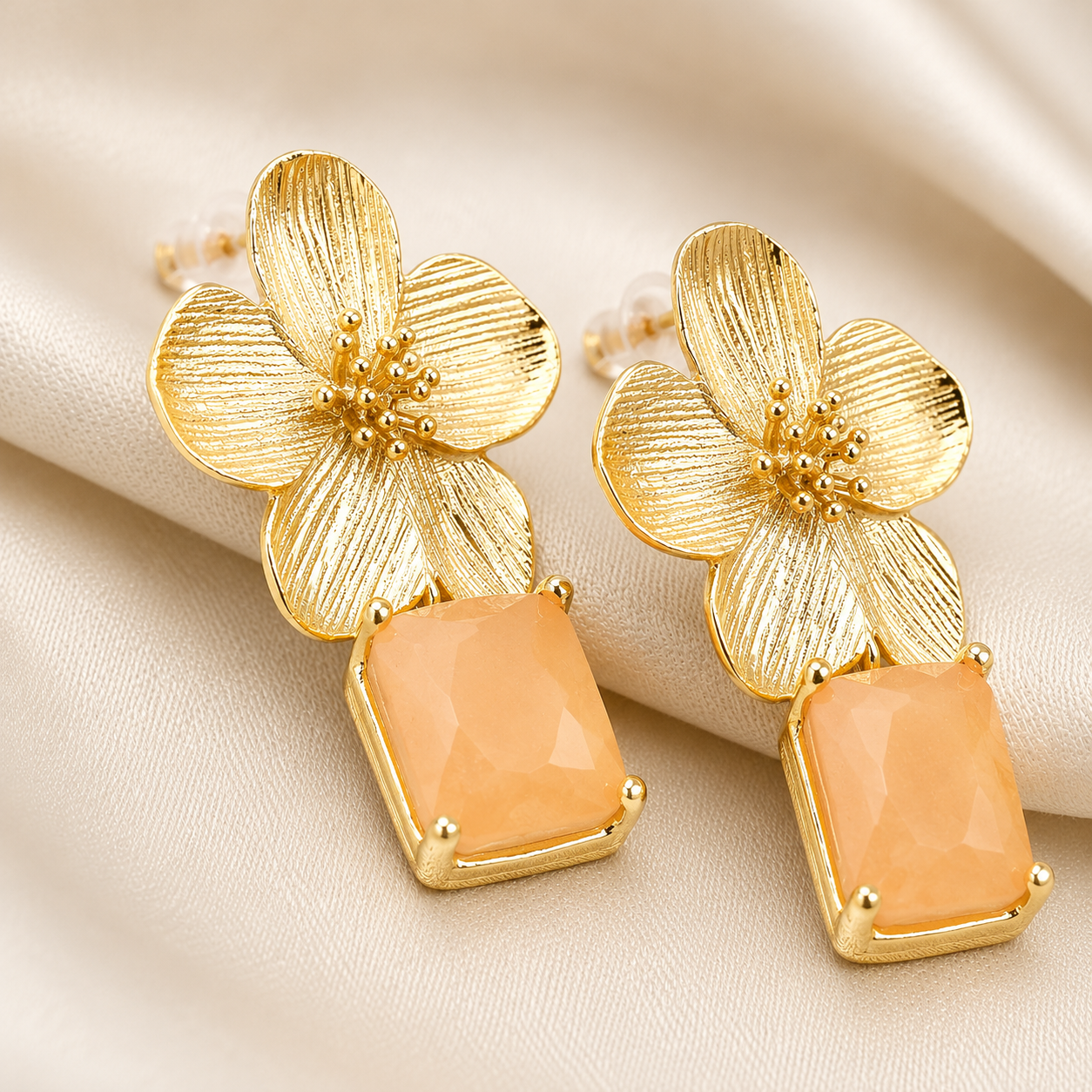 Gold Floral Peach Stone Drop Earrings