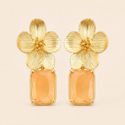 Gold Floral Peach Stone Drop Earrings