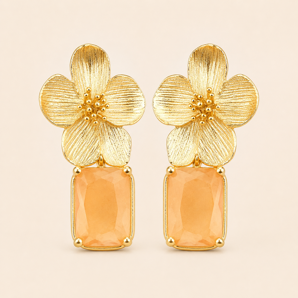 Gold Floral Peach Stone Drop Earrings