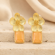 Gold Floral Peach Stone Drop Earrings