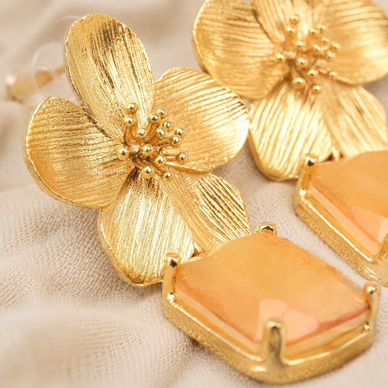 Gold Floral Peach Stone Drop Earrings