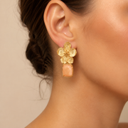 Gold Floral Peach Stone Drop Earrings
