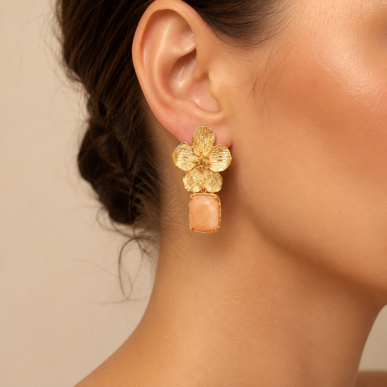 Gold Floral Peach Stone Drop Earrings