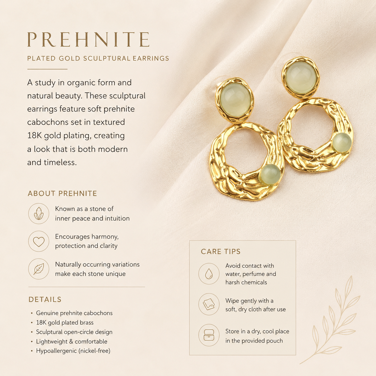 Sculptural Gold Stud Earrings in Prehnite