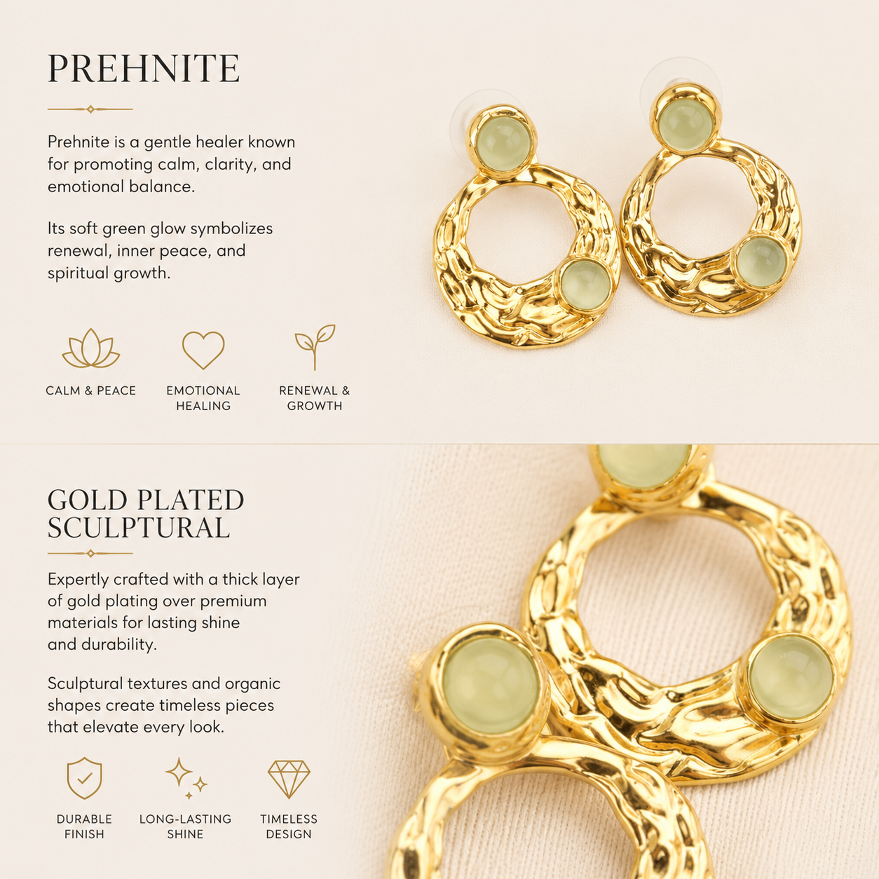 Sculptural Gold Stud Earrings in Prehnite