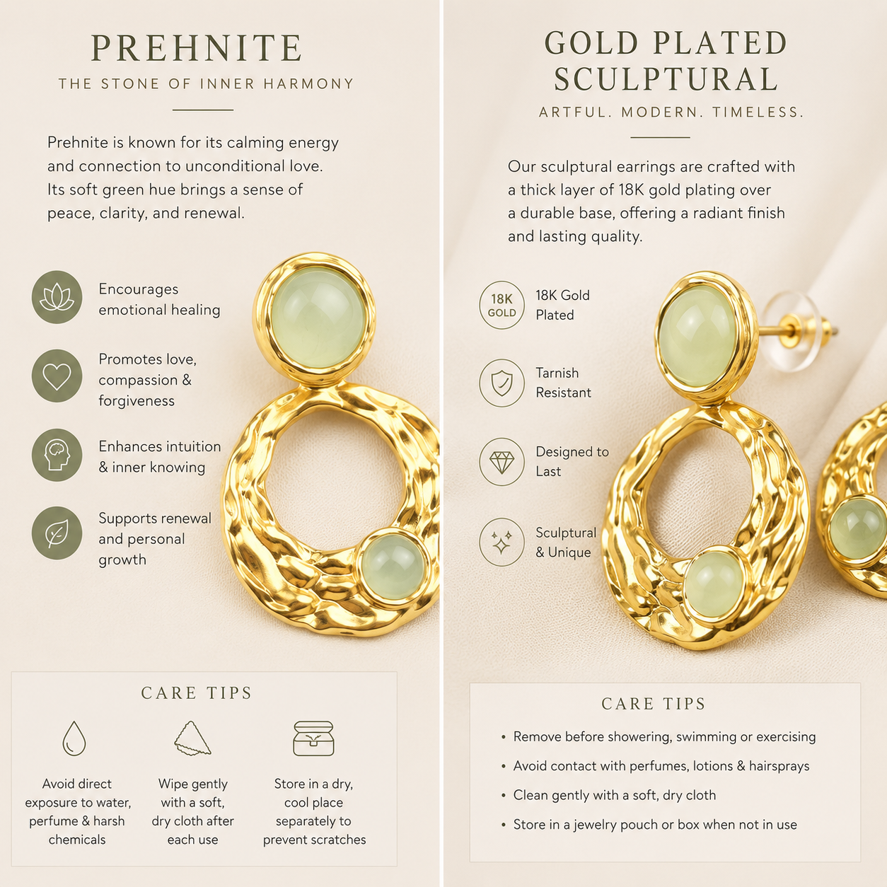Sculptural Gold Stud Earrings in Prehnite