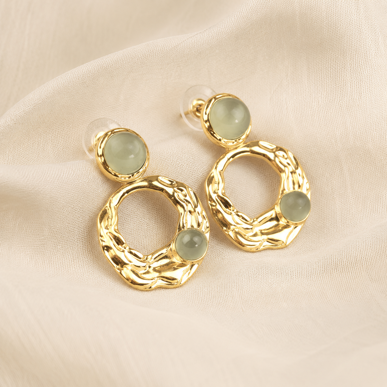 Sculptural Gold Stud Earrings in Prehnite