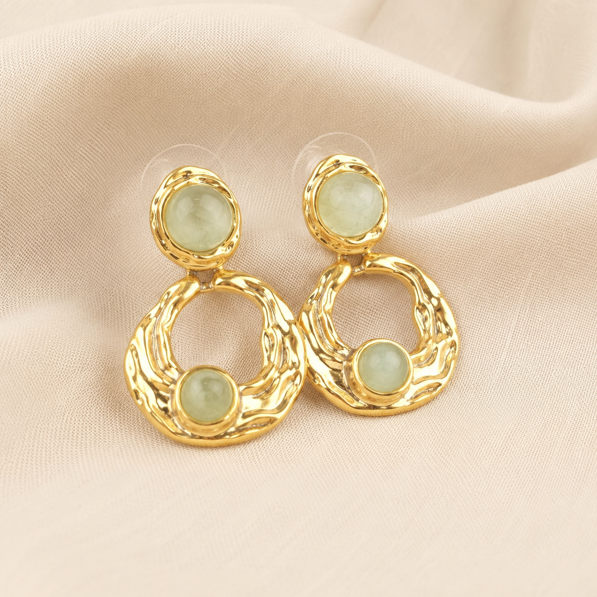 Sculptural Gold Stud Earrings in Prehnite