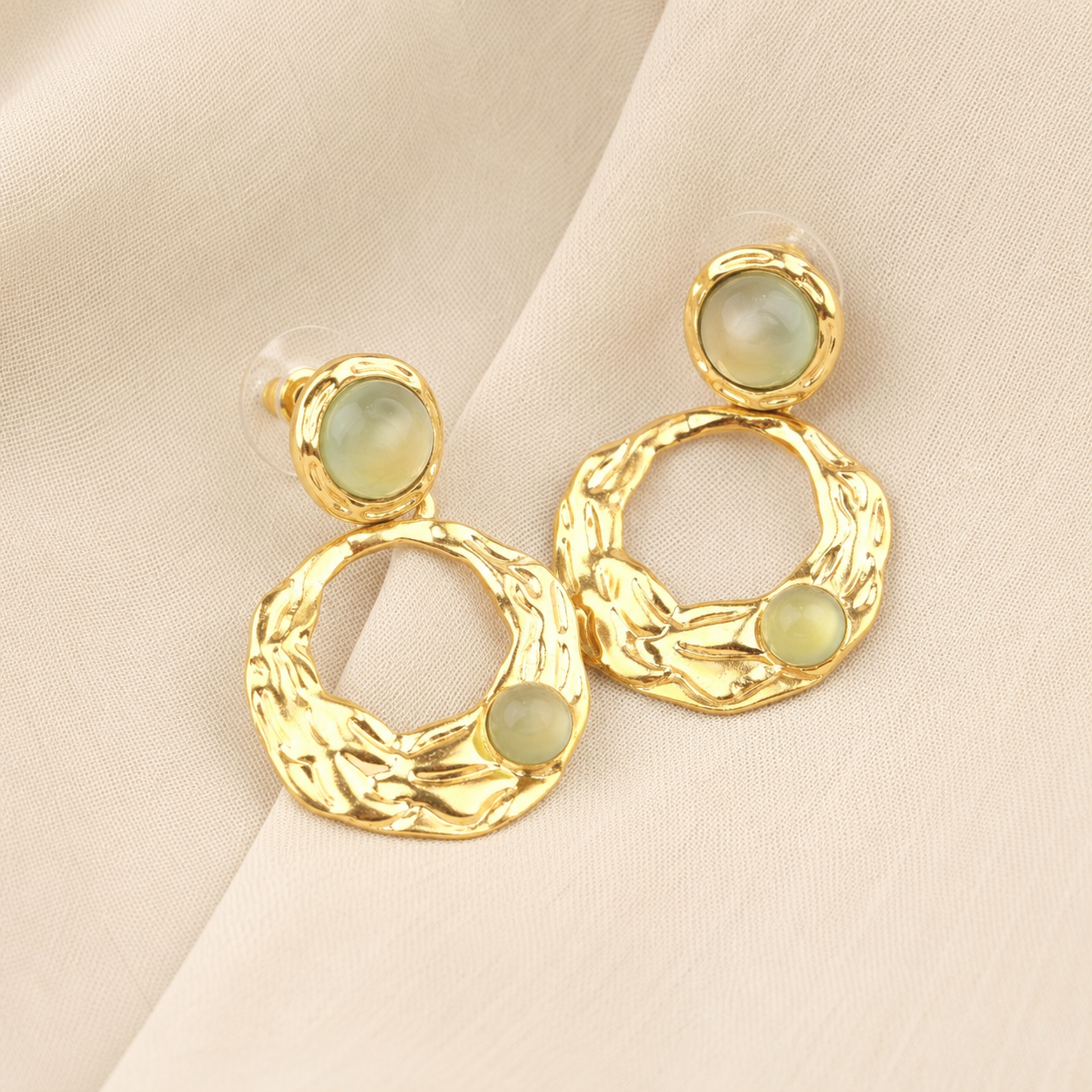 Sculptural Gold Stud Earrings in Prehnite
