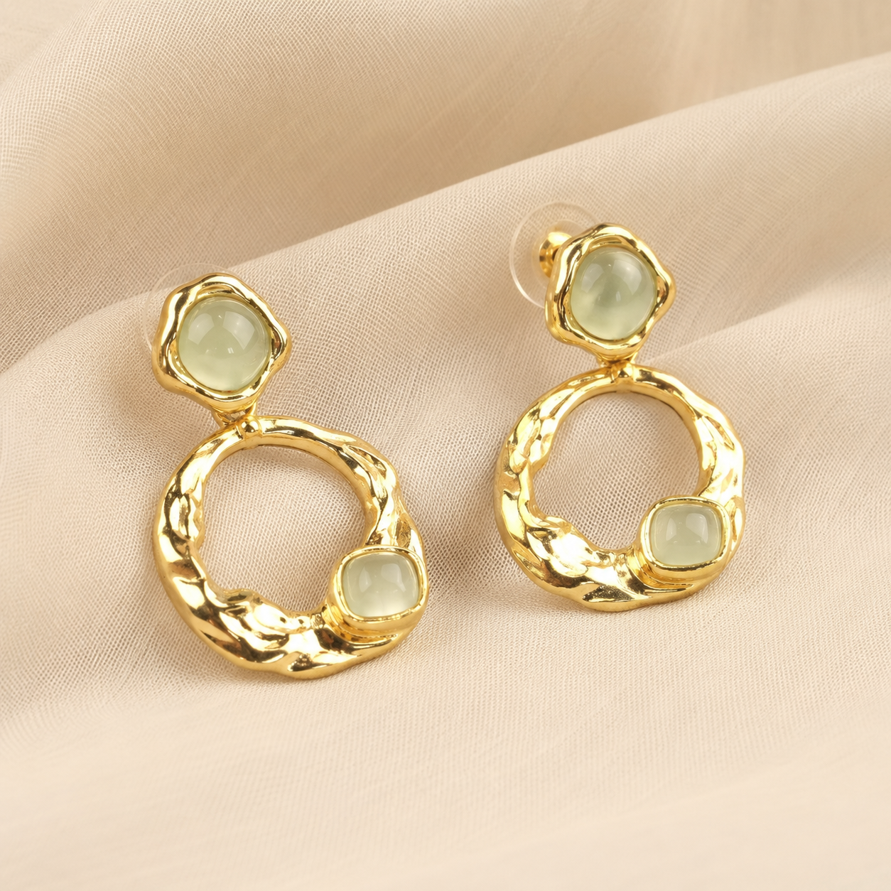 Sculptural Gold Stud Earrings in Prehnite