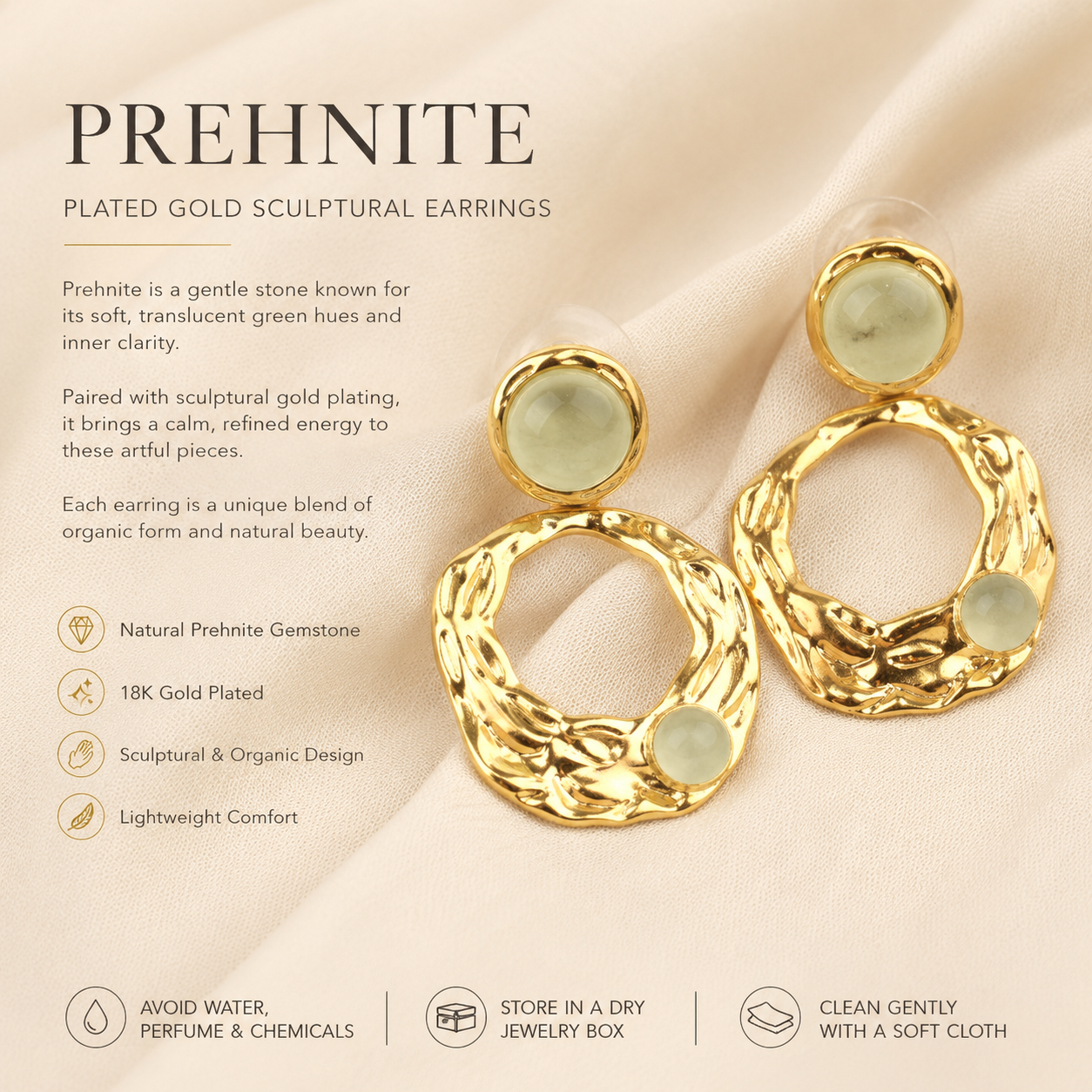 Sculptural Gold Stud Earrings in Prehnite