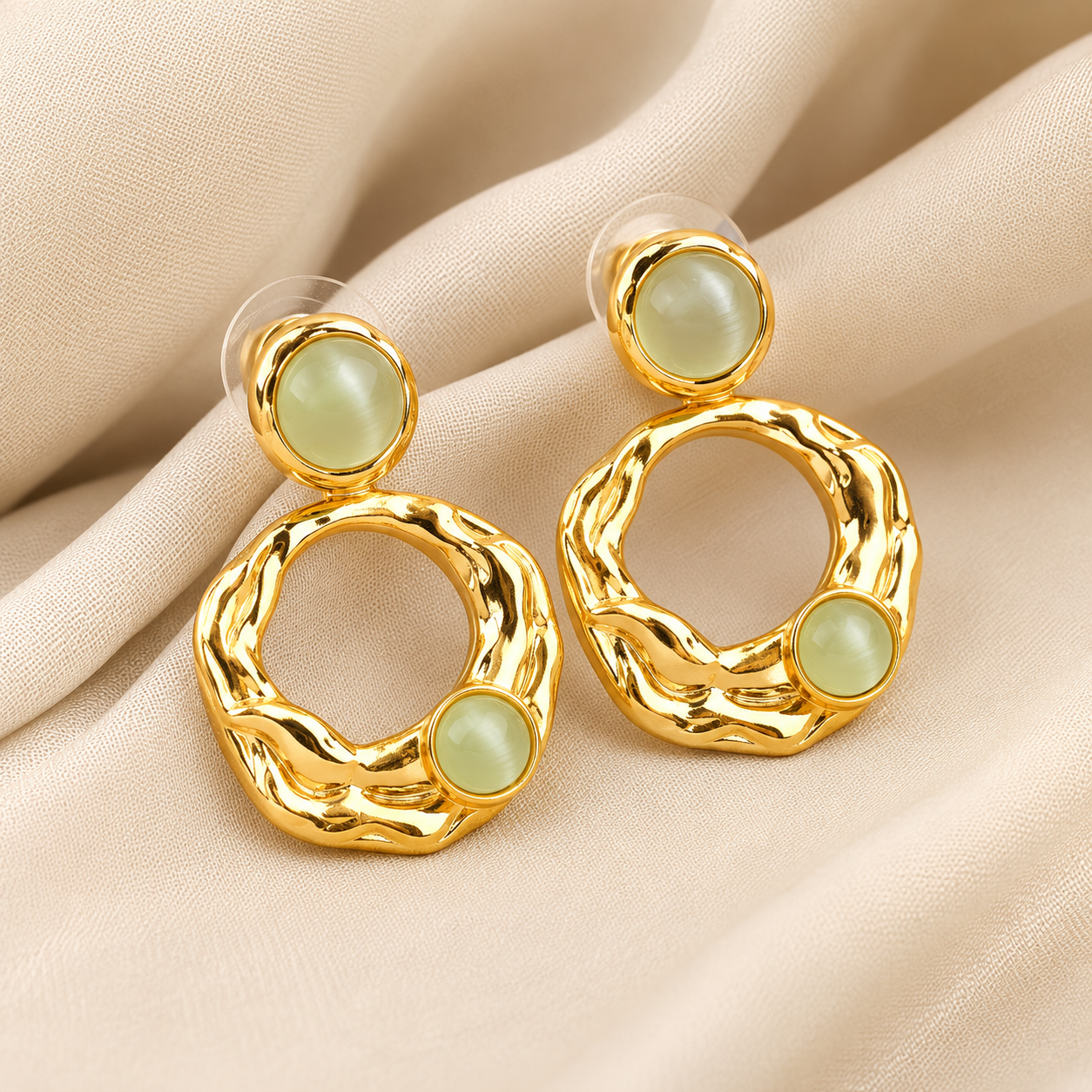 Sculptural Gold Stud Earrings in Prehnite